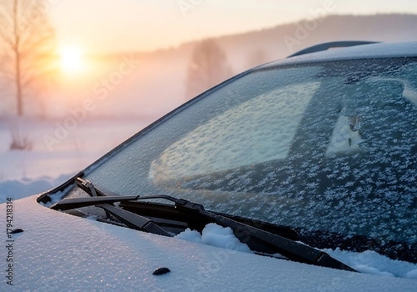 Fototapeta Intricate fern-like frost crystals cover a car windshield during a misty, cold winter sunrise, highlighting freezing temperatures
