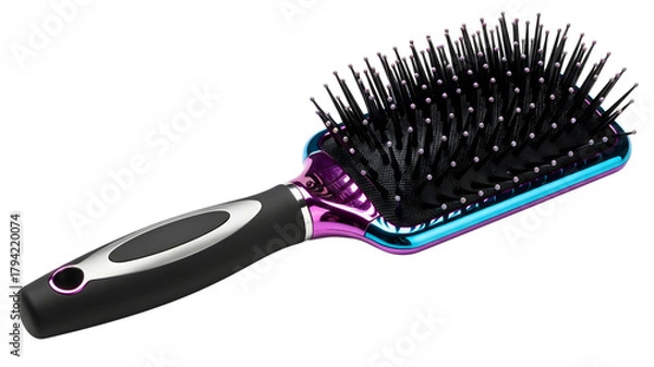 Fototapeta Paddle hair brush with black bristles and a colorful handle on transparent background
