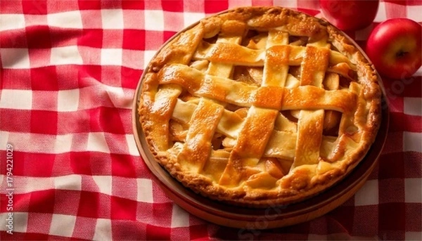 Obraz Traditional Homemade Apple Pie on a Red Checkered Tablecloth