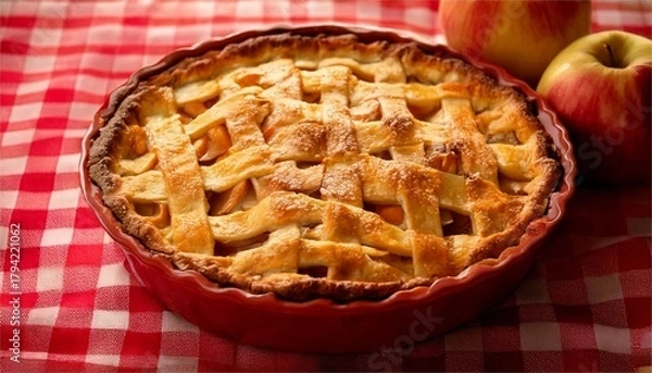 Fototapeta Traditional Homemade Apple Pie on a Red Checkered Tablecloth