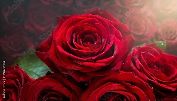 Fototapeta Single Red Rose with Scattered Rose Petals on a White Background