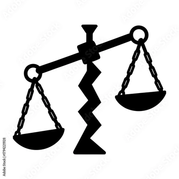 Fototapeta A broken black scale of justice with chains and balance isolated on white background