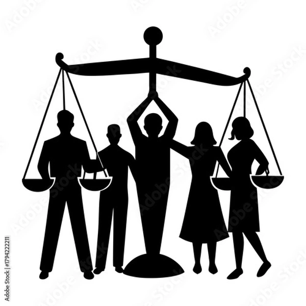 Fototapeta Silhouette of people supporting scales of justice representing equality concept