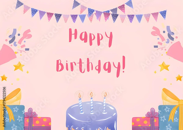 Fototapeta Festive birthday scene with purple cake, lit candles, wrapped presents, colorful confetti, and cheerful bunting on a soft pink backdrop.
