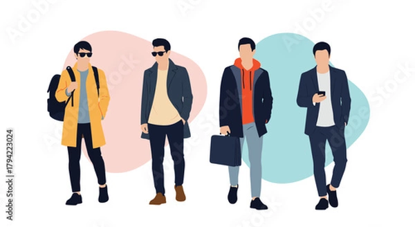 Obraz Four stylish men showcasing diverse modern fashion trends, from casual street style with a backpack to smart business attire, representing urban lifestyle.