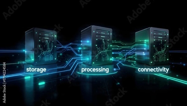 Fototapeta Futuristic data center scene highlighting storage, processing, and connectivity with sleek servers, racks, blue neon circuits, and digital networks