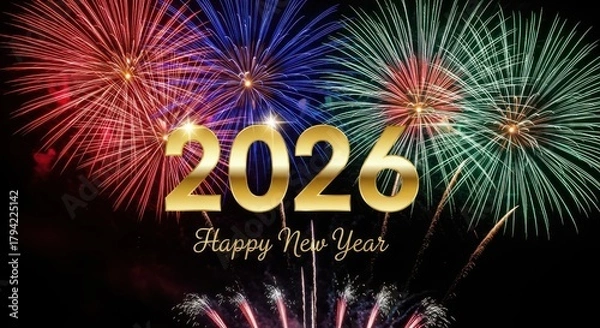 Fototapeta 2026 New Year card, colorful fireworks poster background, New Year 2026 banner