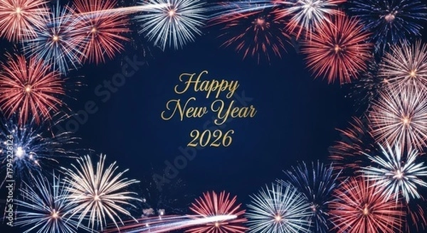 Fototapeta 2026 New Year card, USA fireworks border, New Year 2026 banner