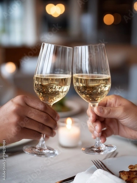 Obraz Two hands clinking glasses of white wine in a cozy dining setting, creating a festive atmosphere for celebration.