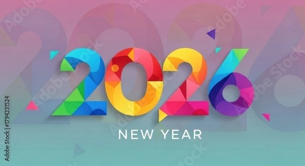 Obraz 2026 New Year number, geometric colorful logo card, New Year 2026 banner