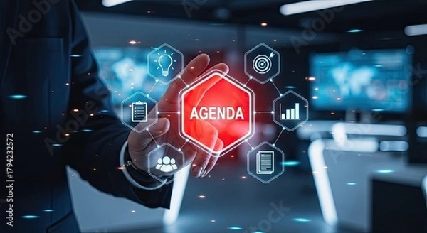 Fototapeta Modern business agenda concept with digital icons for planning and strategy, ideal for professional presentations and corporate communications materials