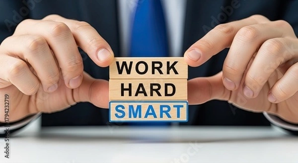 Fototapeta Work hard and smart for success, motivational message held by businessman, ideal for inspiring productivity and strategic thinking in the workplace