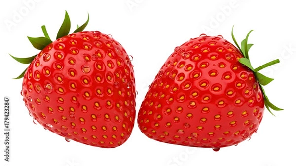 Fototapeta Two ripe strawberries with water droplets close up view on transparent background
