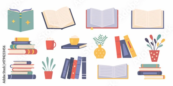 Fototapeta Collection of flat design illustrations featuring open and closed books stacks of books and potted plants