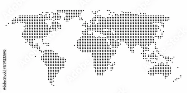 Fototapeta World map made of small dark dots on a white background representing global connections and data visualization