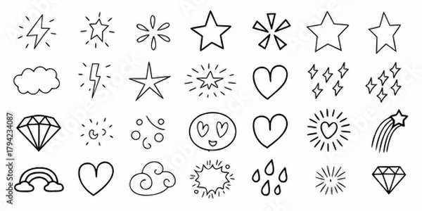 Fototapeta Collection of hand drawn doodle icons including stars lightning bolts clouds hearts diamonds and rainbows on white background