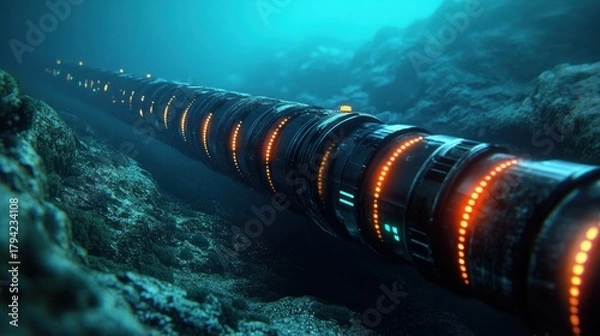 Fototapeta Submerged data conduit, thick armored cable with glowing status lights, running along a deep ocean trench, information superhighway, critical infrastructure