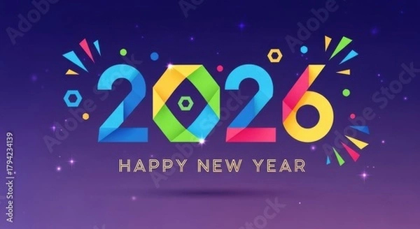 Fototapeta 2026 New Year number, geometric colorful logo card, New Year 2026 banner