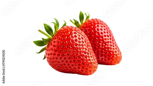 Fototapeta Two ripe strawberries with green leaves close up view on transparent background
