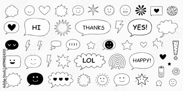 Fototapeta Collection of hand drawn doodle speech bubbles and emoticons with positive messages and symbols