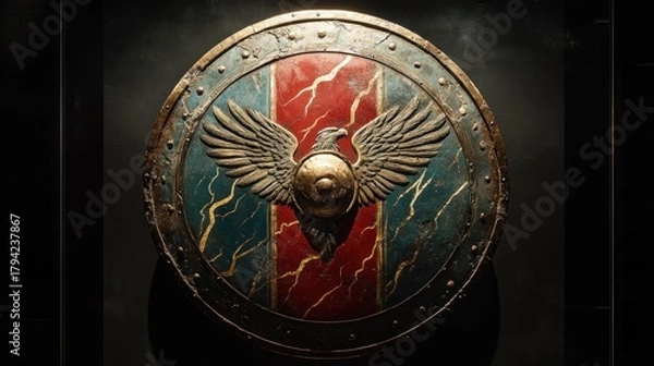 Fototapeta Roman legionary's shield (Scutum), painted with eagle and lightning bolts, surface showing battle wear but also a surreal, rippling water effect, museum spotlight