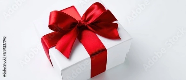 Fototapeta The Gift Box with Red Ribbon and Satin Bow on White Background