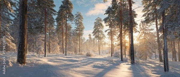 Obraz The Pine Forest at Sunrise with Snow Covered Trees and Long Winter Shadows
