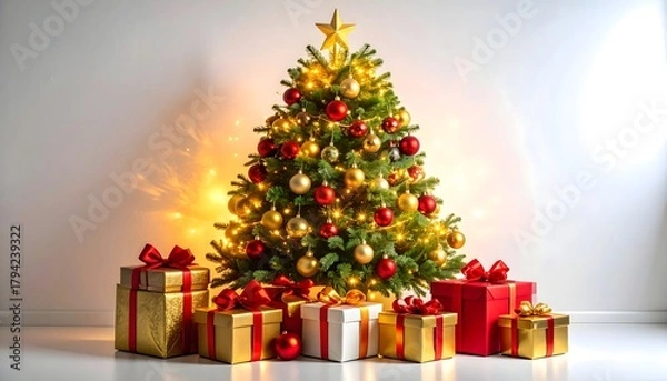Fototapeta Elegant holiday tree with golden and red decorations high resolution picture
