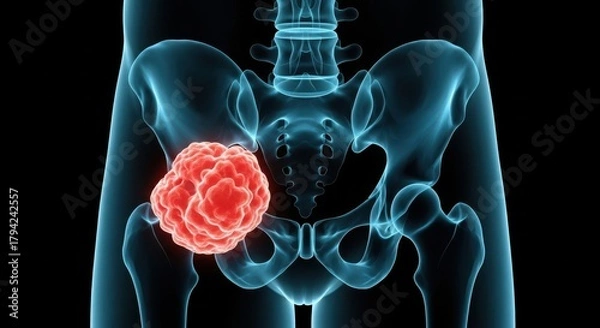Obraz Illustration of a pelvic tumor, a mass of abnormal tissue growing in the pelvis, potentially cancerous, posing a health risk and requiring medical attention