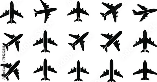 Fototapeta Airplane silhouette collection, aviation angles, aircraft icons, top view, side view, black plane shapes, flight symbols, vector illustration, transport graphics