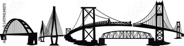 Fototapeta Bridge silhouettes collection, tied-arch, cable-stayed, cantilever, truss, suspension, engineering structures, black vector icons, construction, architecture, infrastructure, transportation