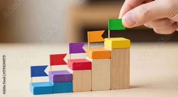 Fototapeta Achieving goals with colorful blocks representing success and reaching the top, a symbol of strategy, ambition, and motivation for business growth