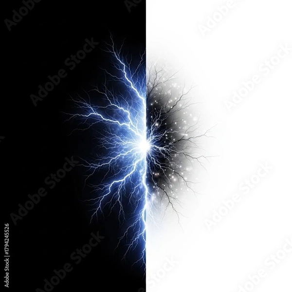 Fototapeta Dynamic lightning strike divides black and white, a powerful symbol of duality, energy, and transformation, ideal for impactful designs or conceptual projects