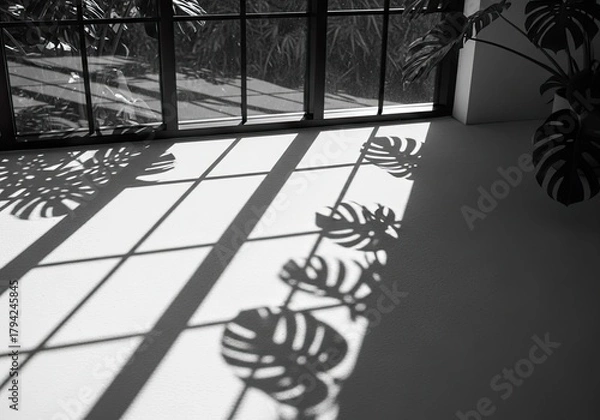 Fototapeta Elegant monstera plant shadows dancing on stark white wall through modern window, creating a calming, minimalist vibe for home decor and interior design