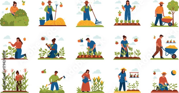 Obraz Vector Set of People Working in the Garden and Farm: Flat Illustrations of Diverse Farmers Planting, Watering, Raking, and Harvesting Fruits and Vegetables for Agriculture and Gardening Themes