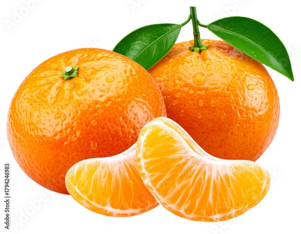 Obraz Two Fresh Mandarins with Green Leaves and Peeled Segments, Front View, Isolated on Transparent Background