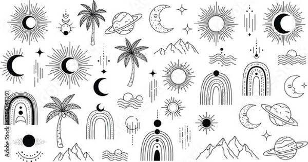 Obraz Large Mystical Celestial Line Art Vector Set: Boho Icons of Sun, Moon, Planet, Rainbow, Palm Tree, and Mountain Symbols for Esoteric, Magical, and Spiritual Decoration Designs