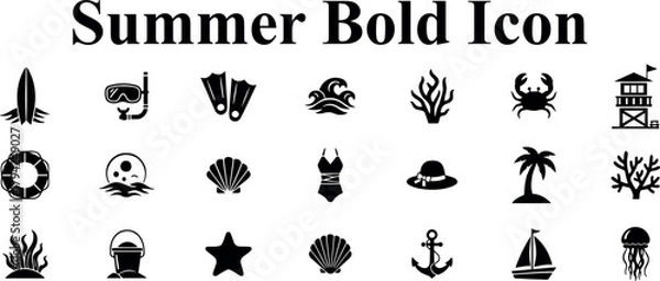 Fototapeta Summer bold icon set with surfboard, snorkel, fins, waves, coral, crab, lifeguard tower, lifebuoy, jellyfish, seashell, swimsuit, hat, palm tree, anchor, sailboat, and more