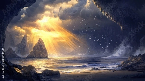 Fototapeta Sunbeams penetrating deep ocean water, illuminating a scattering of marine snow falling towards a dark abyssal cave