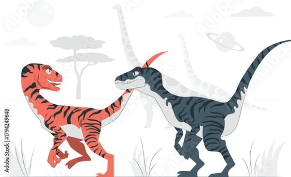 Obraz Two cartoon dinosaurs in a prehistoric landscape with planets raptor ancient