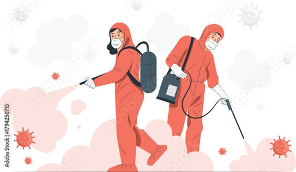 Obraz Two people in hazmat suits disinfecting against viruses disinfection coronavirus