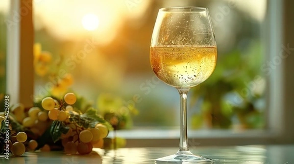 Fototapeta  a slightly frosted wine glass with white wine, condensation visible, placed on a matte white surfacer