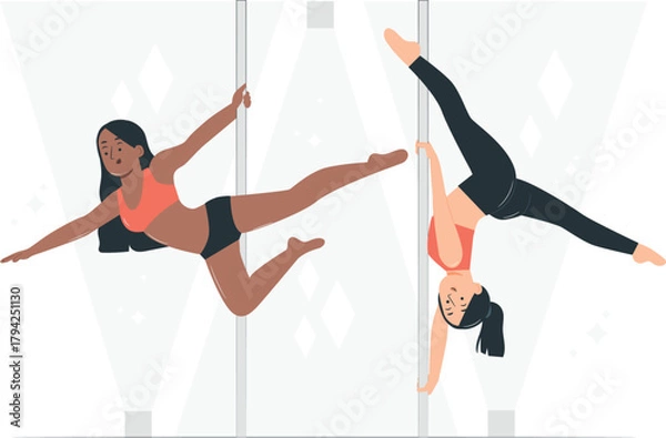Fototapeta Two women performing pole dancing routines on white background fitness exercise