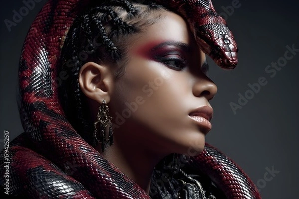 Fototapeta Lowlight, editorial fashion portrait, avant-garde. Dynamic pose. Extravagant look, black woman with a big dark red snake on her shoulderead of the snake next to the woman's head