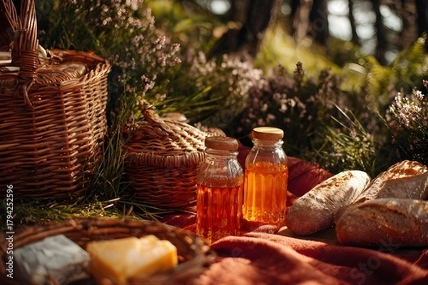 Fototapeta Picnic setup on a grassy hill in Cameron Highlands, complete with woven baskets, fresh bread, cheese and orange cordial bottled water placed on a red linen cloth