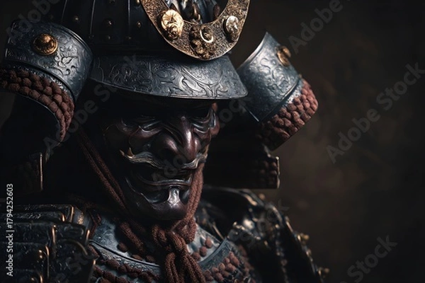 Fototapeta Portrait of Samurai masked Oni Devil wearing samurai armor of various silver-plated metal details, reflecting exquisite craftsmanship, contrast of light and shadow against a dark dusty background