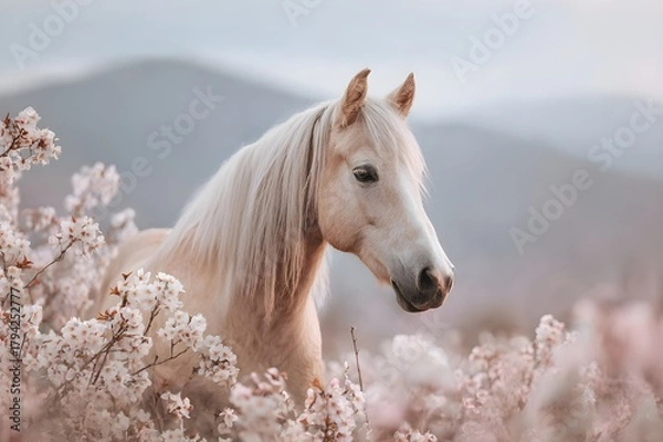 Obraz A light yellow horse standing among the blooming flowers focused on her soft eyes and the wind lifting her hair. The field was filled with cream, purple and soft pink flowers