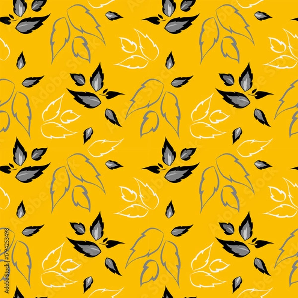 Obraz seamless botanical pattern of hand-drawn flowers and leaves on a blue background