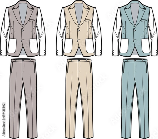 Obraz Elegant Fashion Suit Designs Vector Illustrations of Stylish Waistcoats and Trousers for Apparel