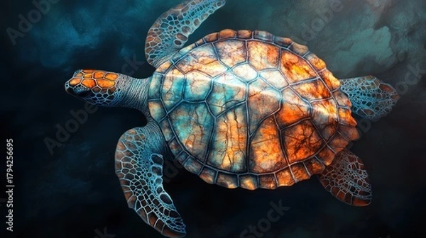 Fototapeta Sea Turtle, its shell a mosaic of ancient, weathered sea maps, surreal cartography texture, diffused underwater lighting effect